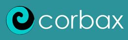 Logotipo de "corbax" con fondo turquesa y diseño espiral negro y azul.