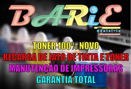 Cartaz colorido sobre toner novo, recarga de tinta e toner, manutenção de impressoras e garantia.