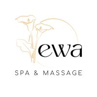 Logotipo de "ewa SPA & MASSAGE" con flores lineales y círculo dorado.