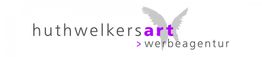Logo mit Text: "huthwelkersart werbeagentur", stilisiertes Flügeldesign im Hintergrund.