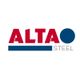 Logo mit rotem Text "ALTA", blauer Punkt und grauem Text "STEEL" darunter.