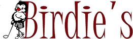 Vogel mit Golfschläger neben dem Schriftzug "Birdie's" in roter Schrift.