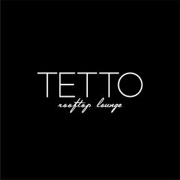 Texto "TETTO rooftop lounge" em branco sob fundo preto.