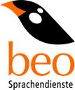 Logo mit stilisiertem Vogelkopf und Schriftzug "beo Sprachendienste" in Schwarz und Orange.