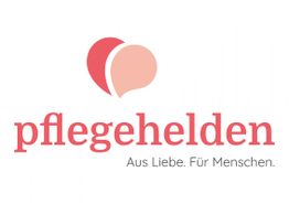 Logo der Pflegehelden mit Herzsymbol und Slogan "Aus Liebe. Für Menschen." in Rot.