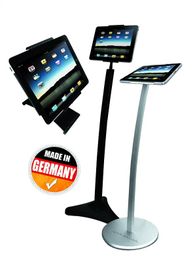 Drei Tablet-Ständer aus Metall, "Made in Germany" Siegel daneben.