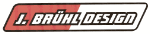 Logo mit Text "J. Brühl Design" in schwarzer Schrift auf rotem und weißem Hintergrund.