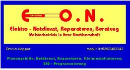 Gelbes Banner mit Text zu Elektrodienstleistungen und Kontaktdaten auf blauem Hintergrund.