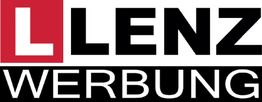 "Lenz Werbung Logo: Rotes 'L' in Quadrat, 'LENZ' schwarz, 'WERBUNG' weiß auf schwarzem Hintergrund."