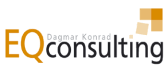 Logo mit Text "EQconsulting" und "Dagmar Konrad", daneben quadratische Formen in Gelb.