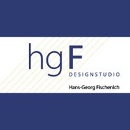 Logo mit Text: "hgF DESIGNSTUDIO, Hans-Georg Fischenich", blauer Hintergrund.