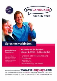 Plakat für Evolanguage Business mit Sprachkursen und einem lächelnden Mann im Hintergrund.