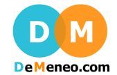 Logo de DeMeneo.com con letras DM en círculos azul y naranja.