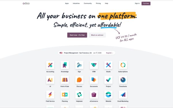 Screenshot der Website von odoo.