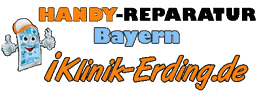 Handy-Reparatur mit Daumen-hoch-Maskottchen, Text: Handy-Reparatur Bayern, iKlinik-Erding.de.
