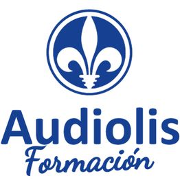Logotipo azul de Audiolis Formación con símbolo floral encima.