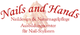 Logo mit Text: "Nails and Hands", Ausbildung für Nail-Stylisten, mit Handillustration.
