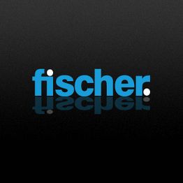 Text "fischer" in Blau auf schwarzem Hintergrund mit weißem Punkt.