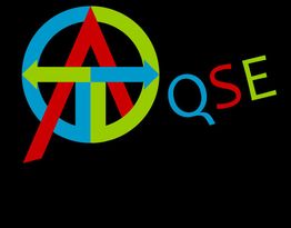 Symbole coloré avec lettres "QSE" en rouge, bleu et vert sur fond noir.