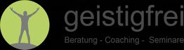 Logo mit Menschensymbol, "geistigfrei" und Text: Beratung - Coaching - Seminare.
