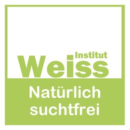 „Weiss Institut“ Logo auf grünem Hintergrund mit dem Slogan „Natürlich suchtfrei“.