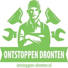 Groene afbeelding van loodgieter met gekruiste armen, logo van Ontstoppen Dronten.