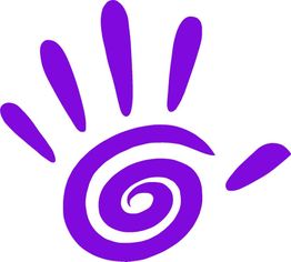 Spirale viola stilizzata a forma di mano con cinque dita su sfondo bianco.