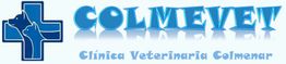 Logotipo de Clínica Veterinaria Colmenar, con cruz azul y siluetas de perro y gato.