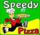 Ein Cartoon-Pizzabäcker trägt eine dampfende Pizza. Text: "Speedy Pizza".