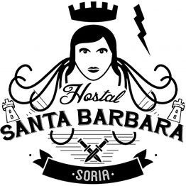Logotipo del Hostal Santa Barbara en Soria, con imagen de mujer coronada y herramientas cruzadas.