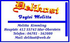 Geschäftskarte mit Kontaktinfos von Delikost, Vogtei Melitta in Idar-Oberstein, blau-orange Design.