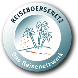 Logo mit Palmen und Schrift: "REISEBOERSENETZ, Das Reisenetzwerk".