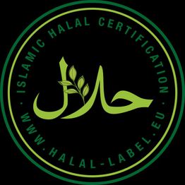 Halal-Zertifizierungssiegel mit Website-Adresse, grüne Schrift auf schwarzem Hintergrund.