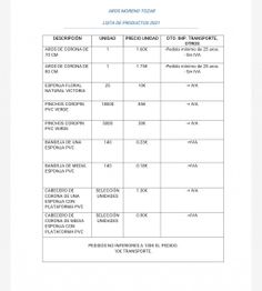 Lista de productos Aros Moreno Tozar 2021 con precios, unidades y detalles de pedidos.