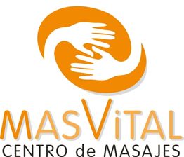 Logotipo de MasVital con dos manos en espiral, texto: "Centro de Masajes" en naranja y negro.