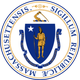 Seal of Massachusetts: Blue shield, Native American, white star, Latin motto, sword above.