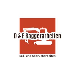 Logo mit Bagger und Text „D & E Baggerarbeiten - Erd- und Abbrucharbeiten“ auf rotem Hintergrund.