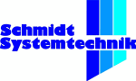 Logo von Schmidt Systemtechnik mit blauen Balken im Hintergrund.