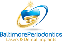 Logo of Bellmore Periodontics with a tooth, sun, and swoosh; text: Lasers & Dental Implants.