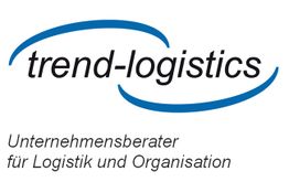 Logo von "trend-logistics", Unternehmensberater für Logistik und Organisation, mit blauen Kurven.