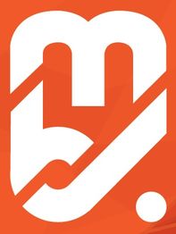 Logotipo branco abstrato em fundo laranja.