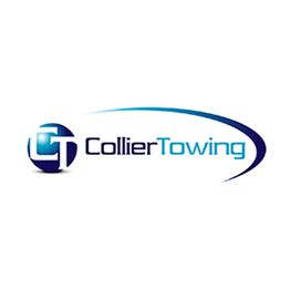 Blue and white "Collier Towing" logo with swoosh design.