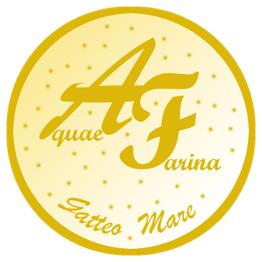 Logo circolare con scritta "Aqua Farina, Gatteo Mare" su sfondo giallo a pois.