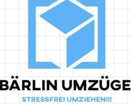 Logo von Bärlin Umzüge mit blauem Würfel und Slogan: "Stressfrei umziehen!!!".