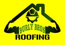 Logo of Burly Bros Roofing with strong arms forming a roof shape, set on a yellow background.