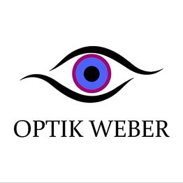 Logo von "Optik Weber" mit stilisiertem Auge in Schwarz, Blau und Lila.