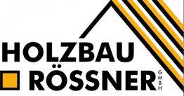 Logo von Holzbau Rössner mit gelb-schwarzem Design, Dachlinie und Quadrat enthalten.