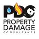 Logo for Property Damage Consultants with water, fire, and saw symbols integrated into "PDC".