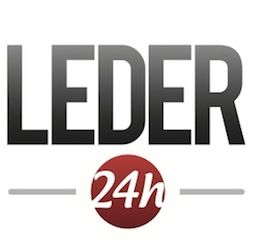 Schriftzug "LEDER" mit rotem Kreis und "24h" darunter, getrennt durch graue Linien.