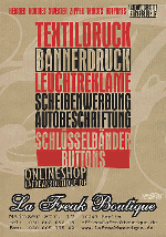 Plakat für Druckdienstleistungen: Textil, Banner, Leuchtreklame und Autogestaltung von La Freak Boutique.